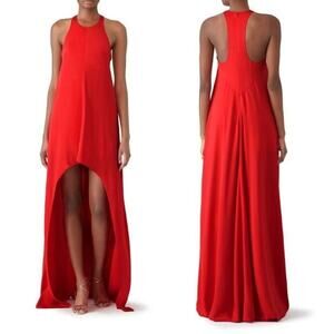 KAUFMANFRANCO Satin Halter Neck Sleeveless Lined High Low Gown Red Women's 6